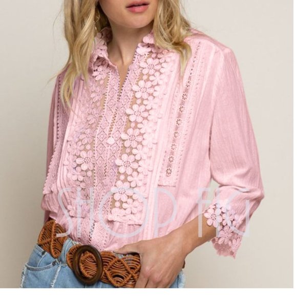 New Pink Lace Button Front Blouse Top Feminine 3/4 Sleeve Shirt Top Western Boho - Picture 6 of 8